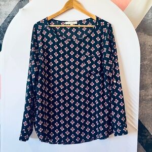 LOFT Black and Pink Floral Long Sleeve Top